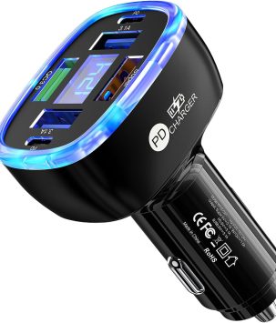 UnigilixMulti-Port Smart Car Charger with Digital Display Super/PD/3 USB Output Compact Fire-Proof PC Design Supports one Fast Charger