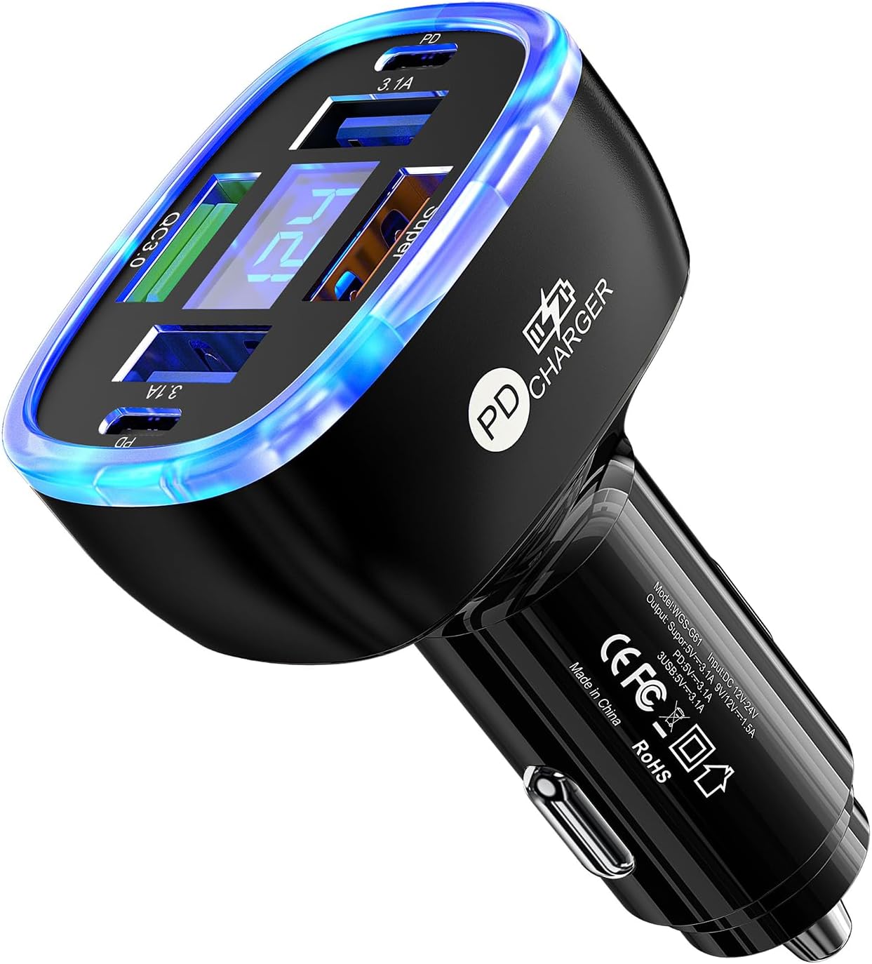 UnigilixMulti-Port Smart Car Charger with Digital Display Super/PD/3 USB Output Compact Fire-Proof PC Design Supports one Fast Charger