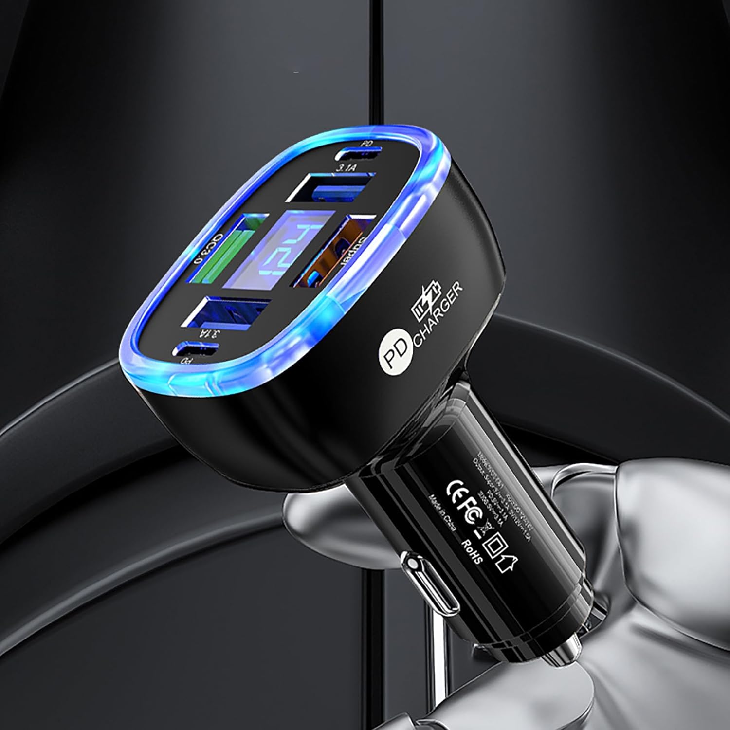 UnigilixMulti-Port Smart Car Charger with Digital Display Super/PD/3 USB Output Compact Fire-Proof PC Design Supports one Fast Charger - Image 3