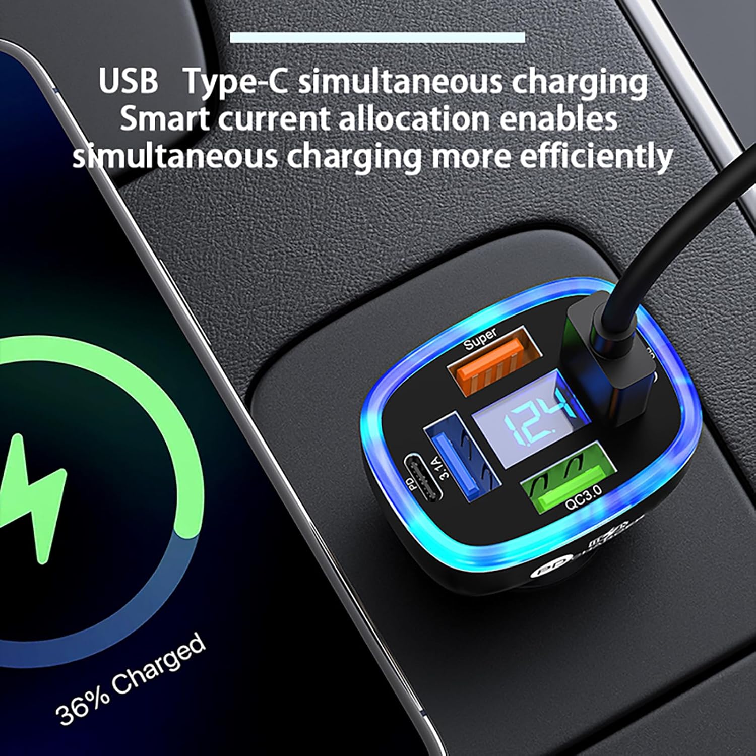 UnigilixMulti-Port Smart Car Charger with Digital Display Super/PD/3 USB Output Compact Fire-Proof PC Design Supports one Fast Charger - Image 4